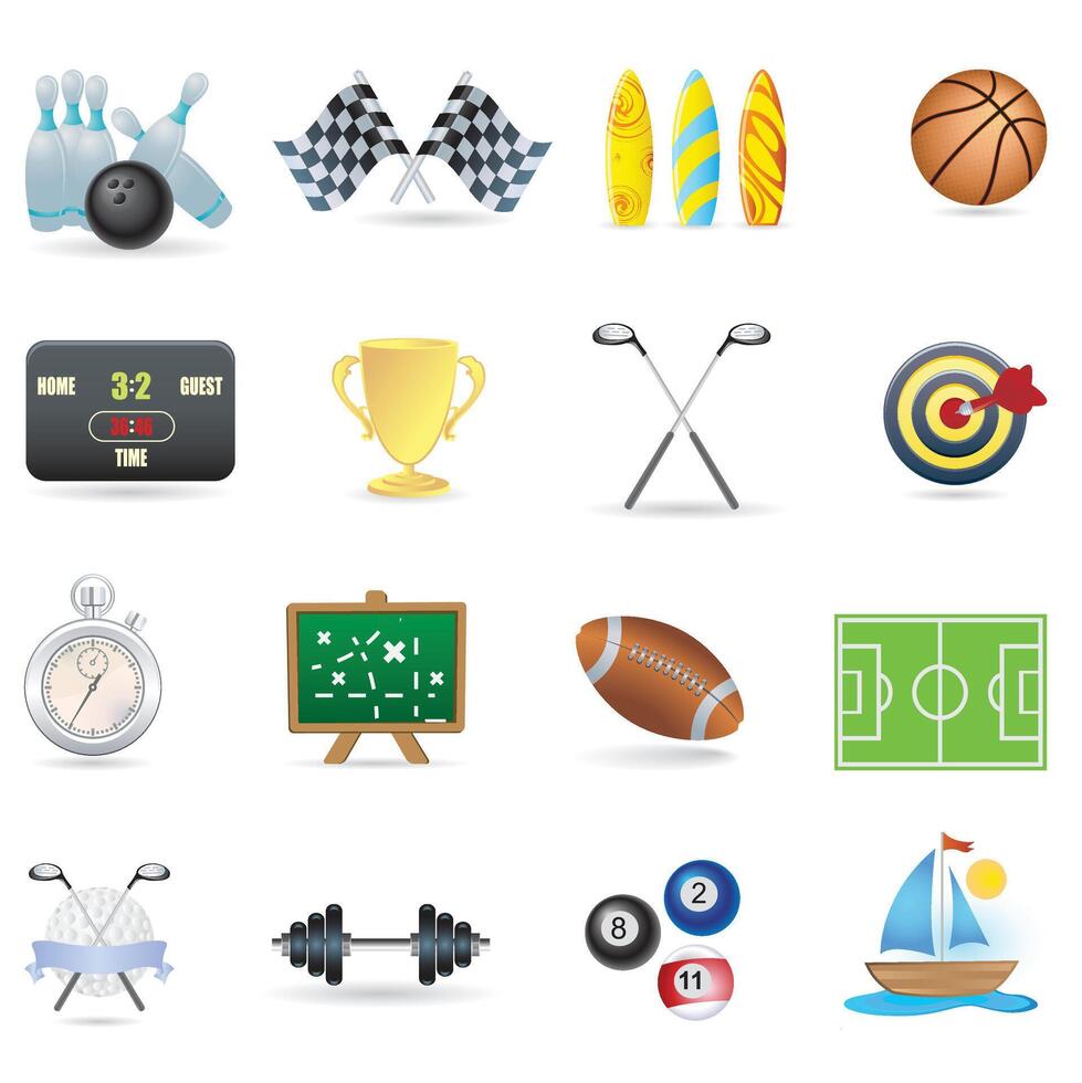 the new Sport equipment icon set with soccer ball, basketball, football, baseball, softball, tennis racket, badminton racket, table tennis paddle, golf clubs, cricket ball icon vector