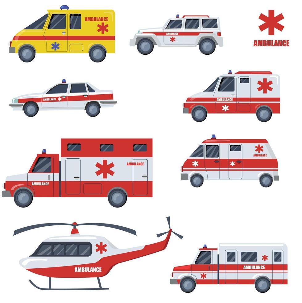 A new Medical care transport flat item set. Cartoon ambulance cars and vehicles design isolated vector