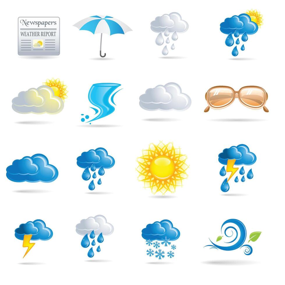 A White clouds, dew on leaves, fog sign, day and night for forecast design. Winter and summer symbols, sun and thunderstorm stickers. vector