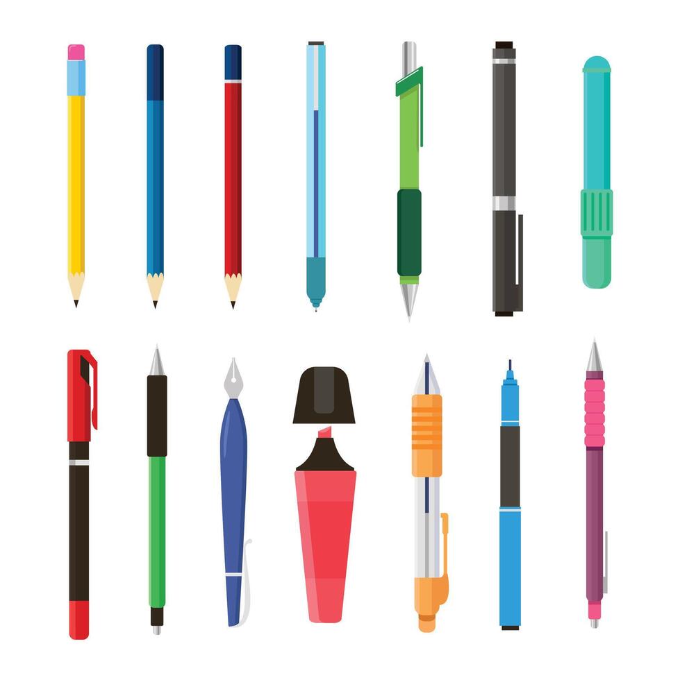 pen and sharpener, plastic ruler, paper and binder clips with pencil shavings and gr A Stationery realistic design of school and office supplies design. 3d pencils, eraser, marker aphite vector