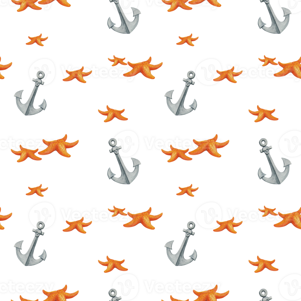 Minimalistic pattern of anchors and starfish on transparent background. Watercolor ornament for summer prints and designs in marine style. Hand drawn print for children textiles or bedding png