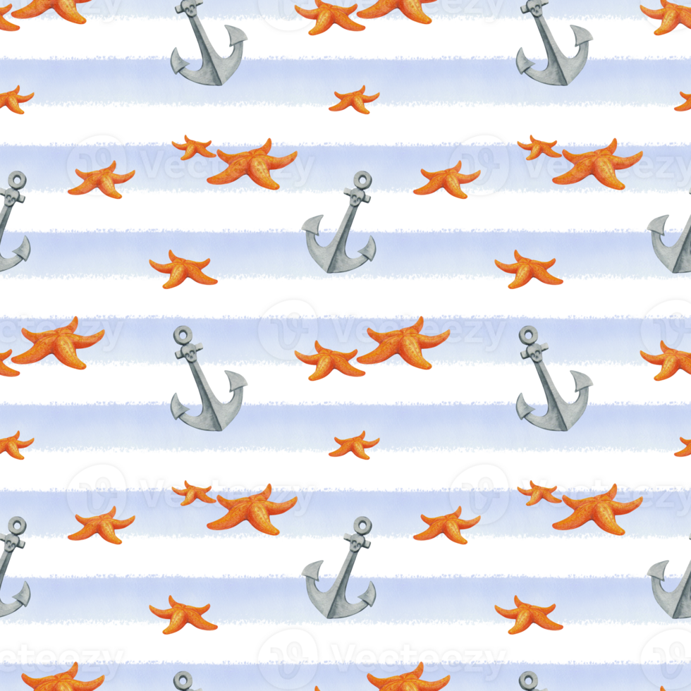 Marine pattern with anchors and starfish on transparent background with blue strips. Watercolor print for summer design. Hand drawn ornament in nautical style png