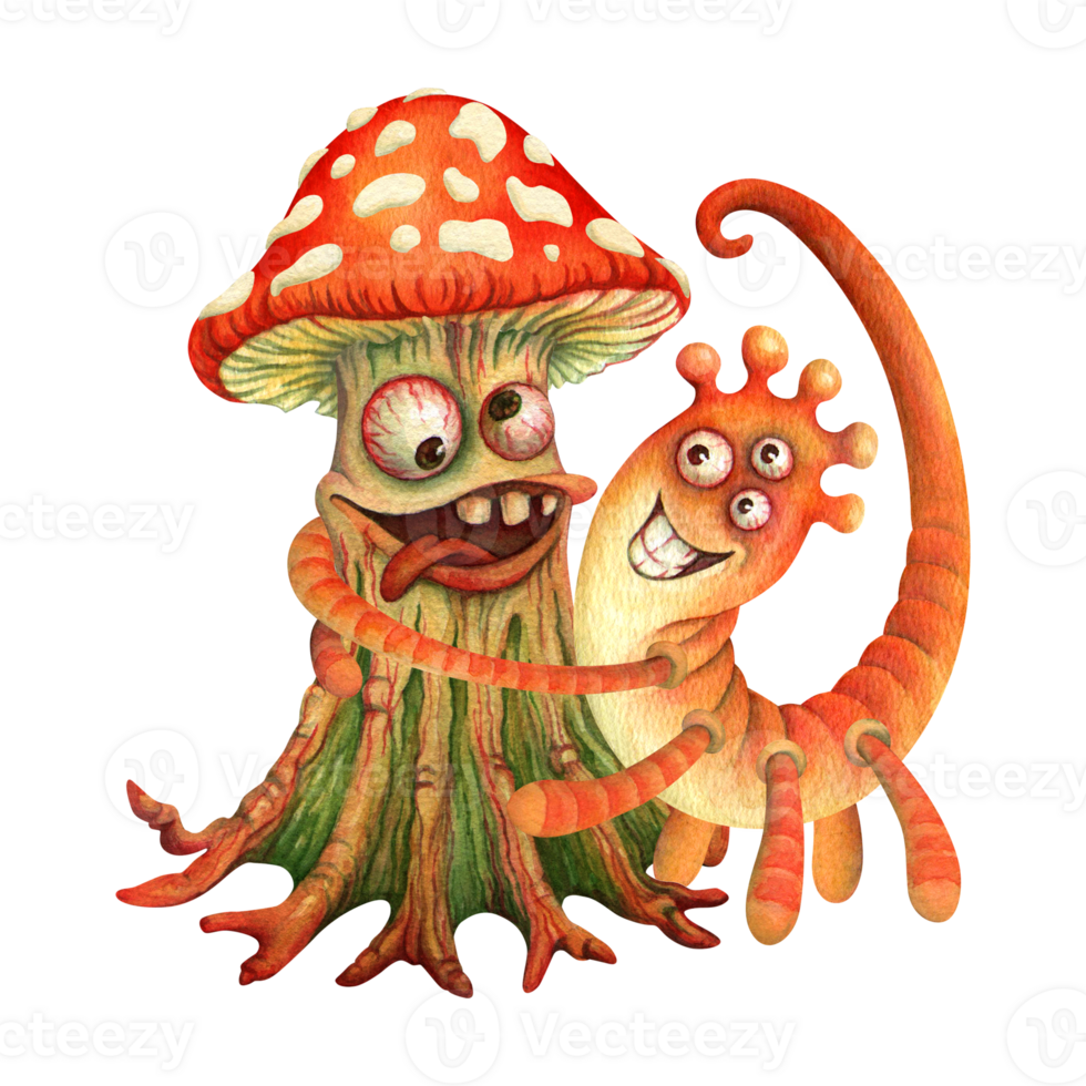 Friendly monsters hugging. Isolated watercolor composition with funny tailed, three-eyed monster squeezing in hands fly agaric mushroom for t-shirt design, card, sticker or kids room decorating png