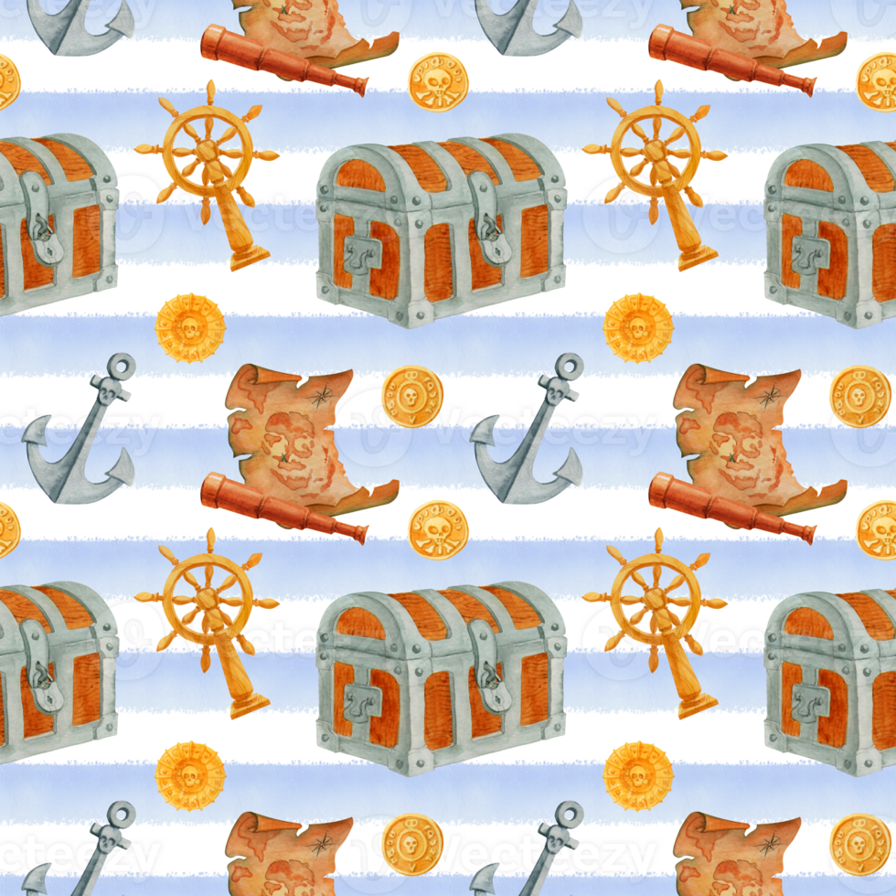 Seamless pattern with chest, map and coins on blue striped background. Theme of pirate and treasure searching for kids fabric, packaging, textile, wallpaper or clothing design png