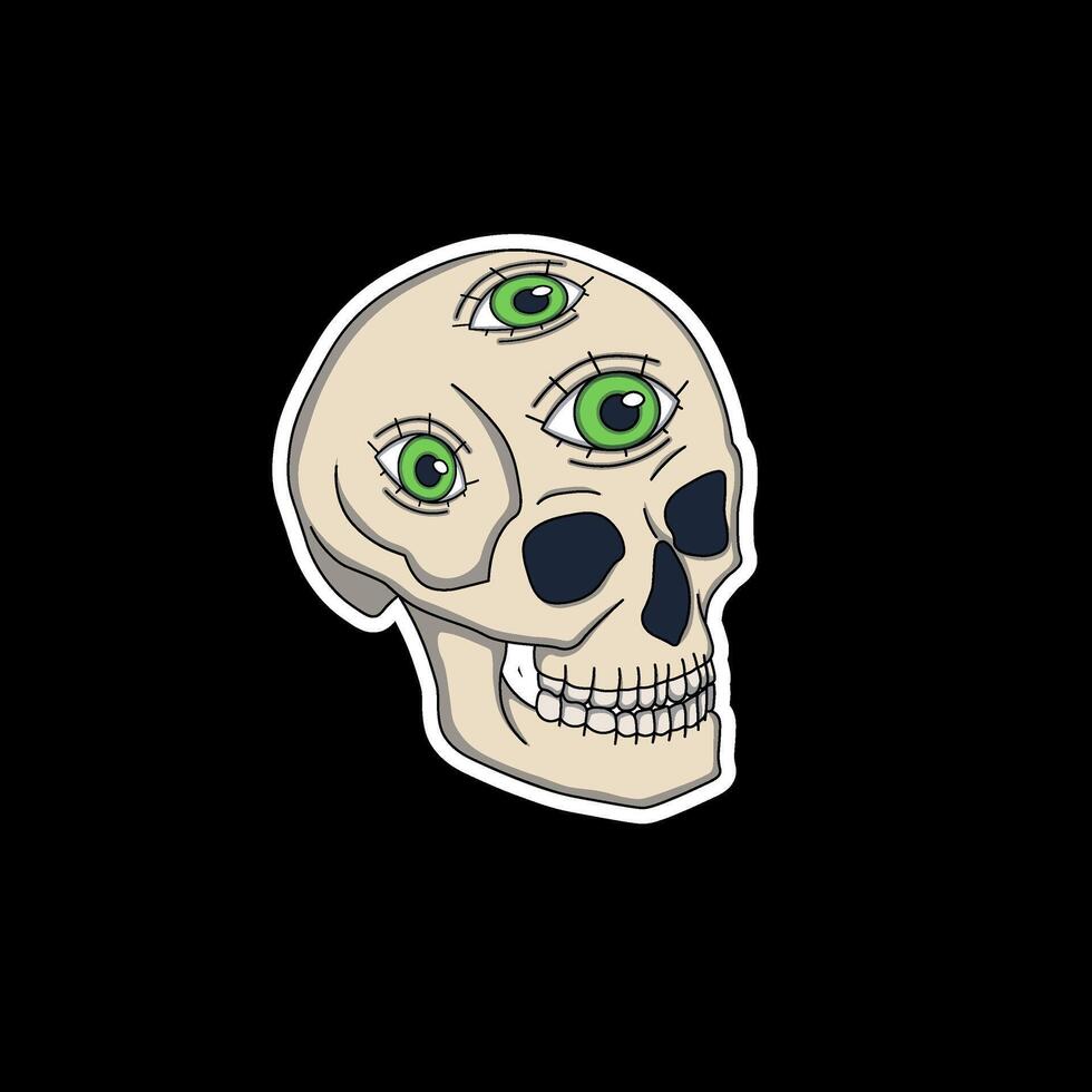 Colorful psychedelic stiker, skull with three green eyes, vibrant trippy design, surreal and abstract artwork. vector