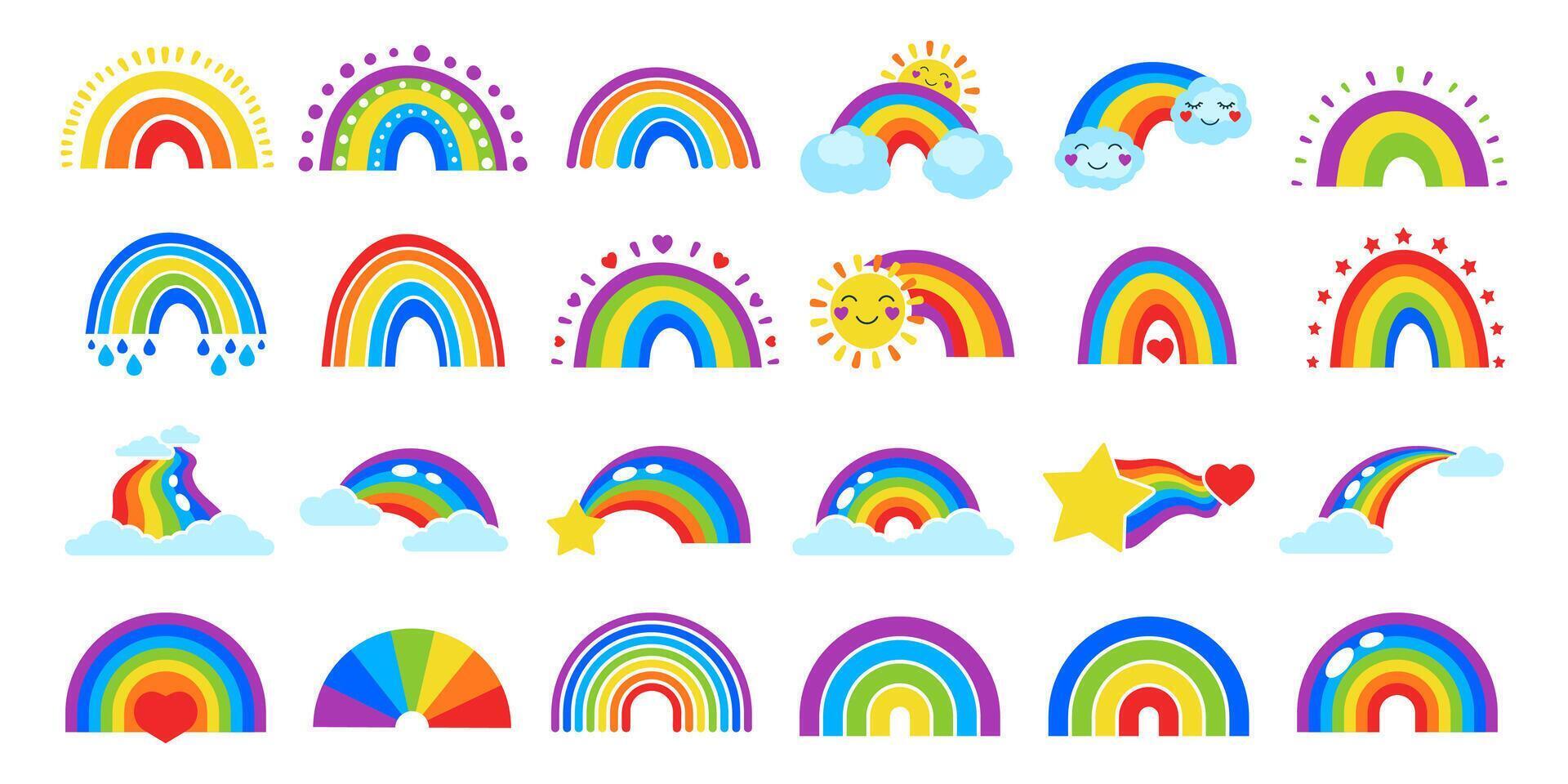 Cartoon Rainbow Icon Set. Hand Drawn and Simple Colorful Rainbows vector
