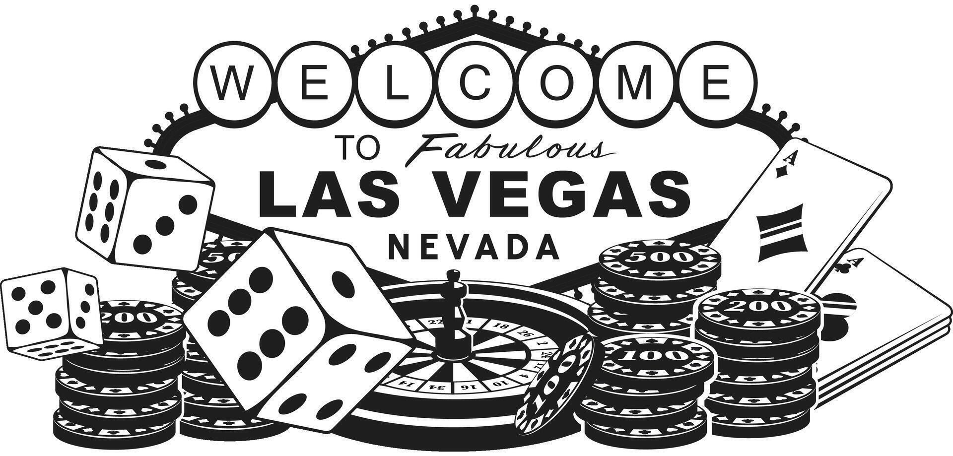 Black Vegas Casino Set. Playing Cards, Chips, and Roulette with Retro Sign vector