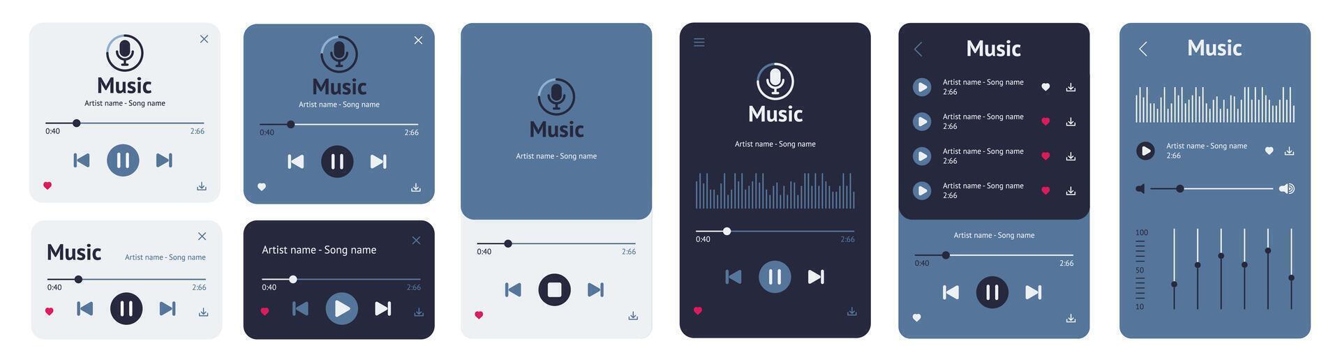 Flat Music App UI Kit, Full App Pages Interface, UX design set vector