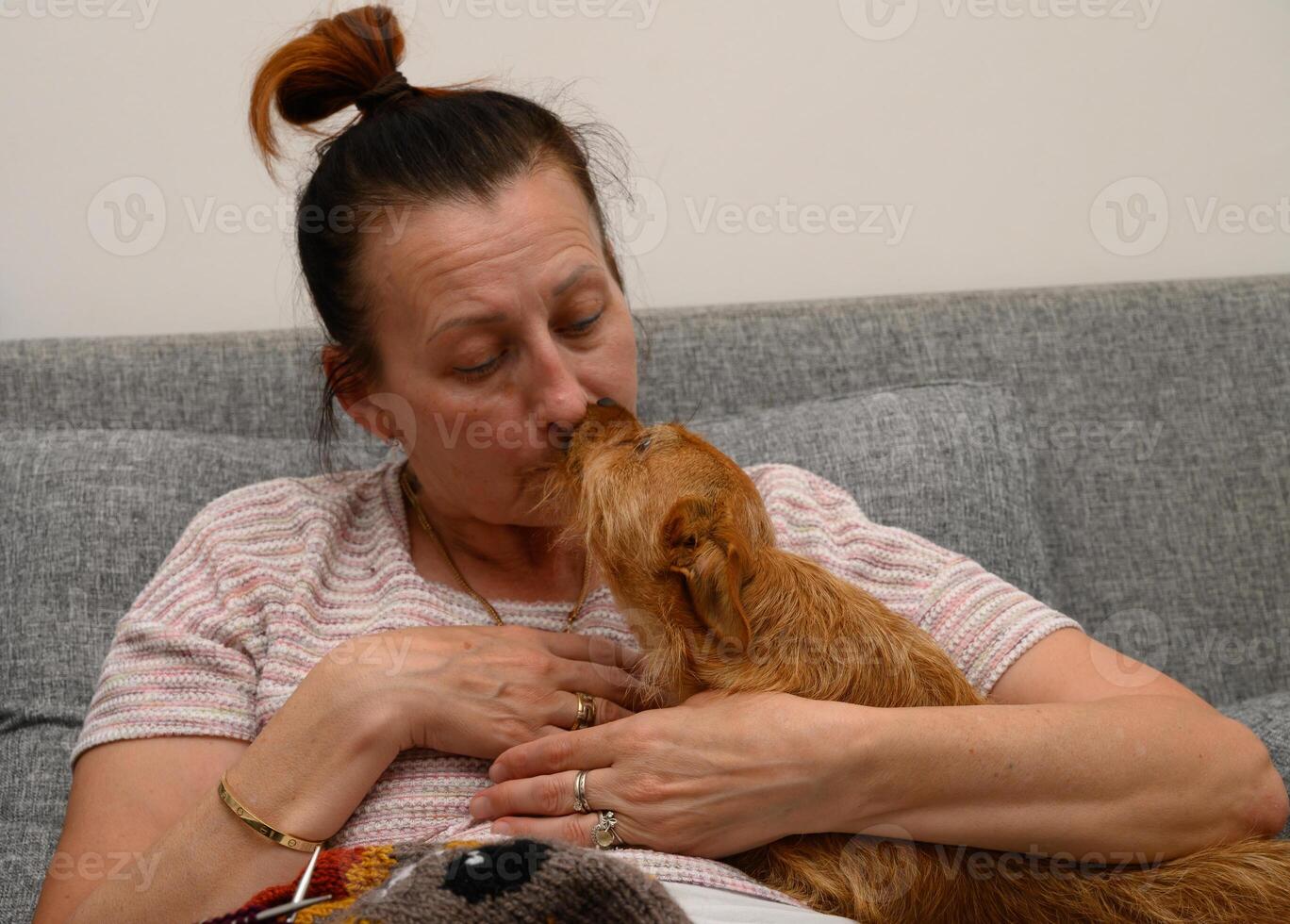 Intimate moment shared between a woman and her playful dog during a cozy afternoon at home photo