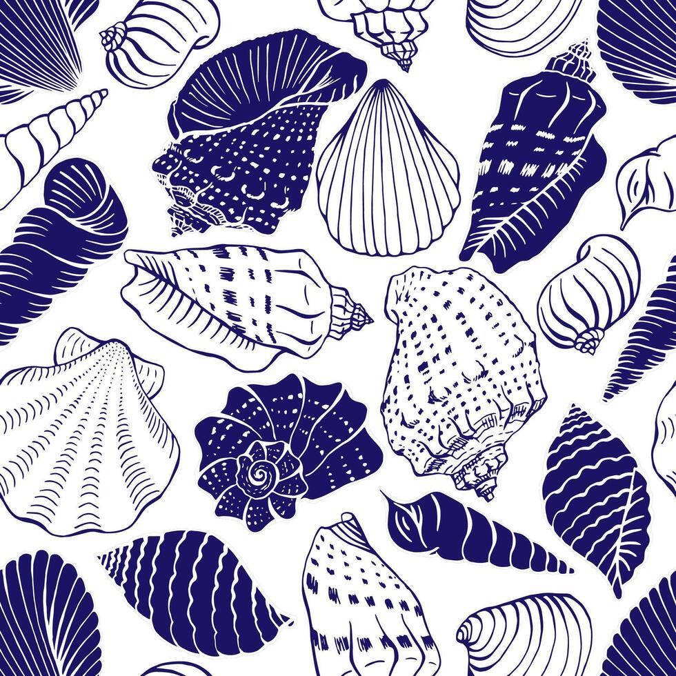 Seamless pattern with seashells. Hand drawn illustration. vector