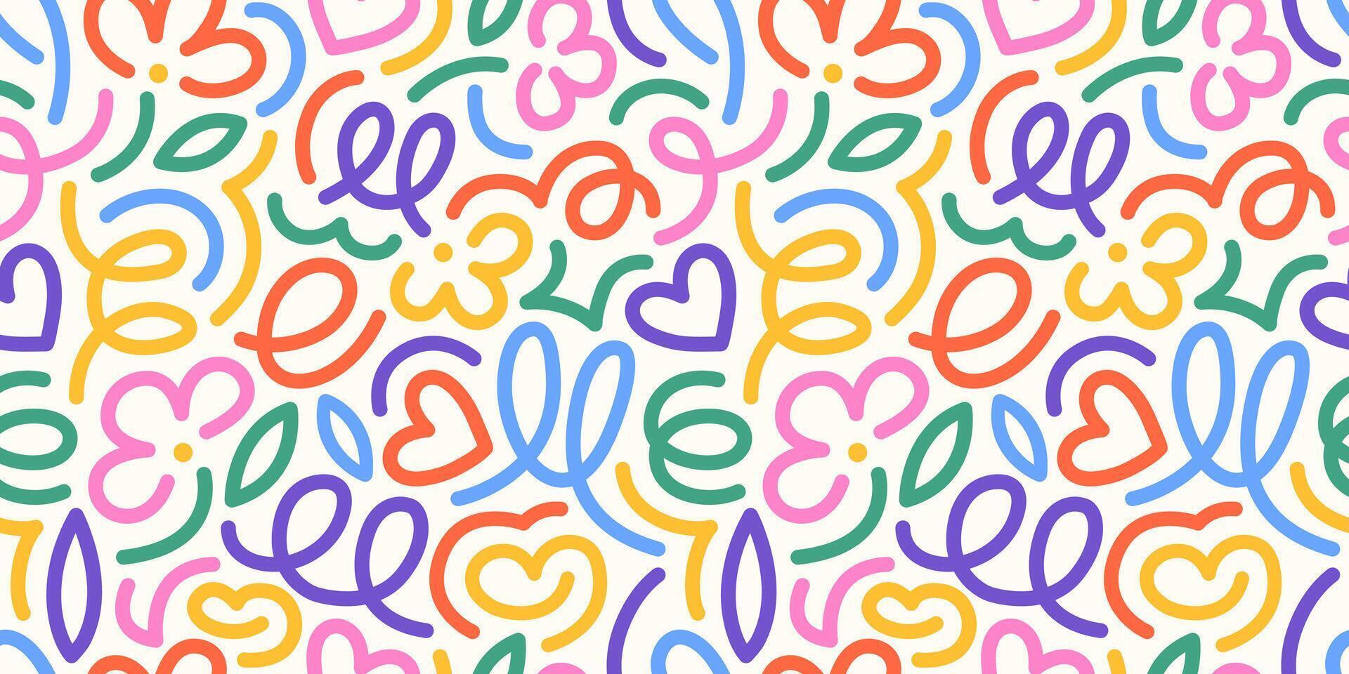 A fun rainbow seamless pattern featuring line doodles. Funky confetti background. This creative, minimalist art background is perfect for children. Basic shapes in a simple, playful scribble style. vector