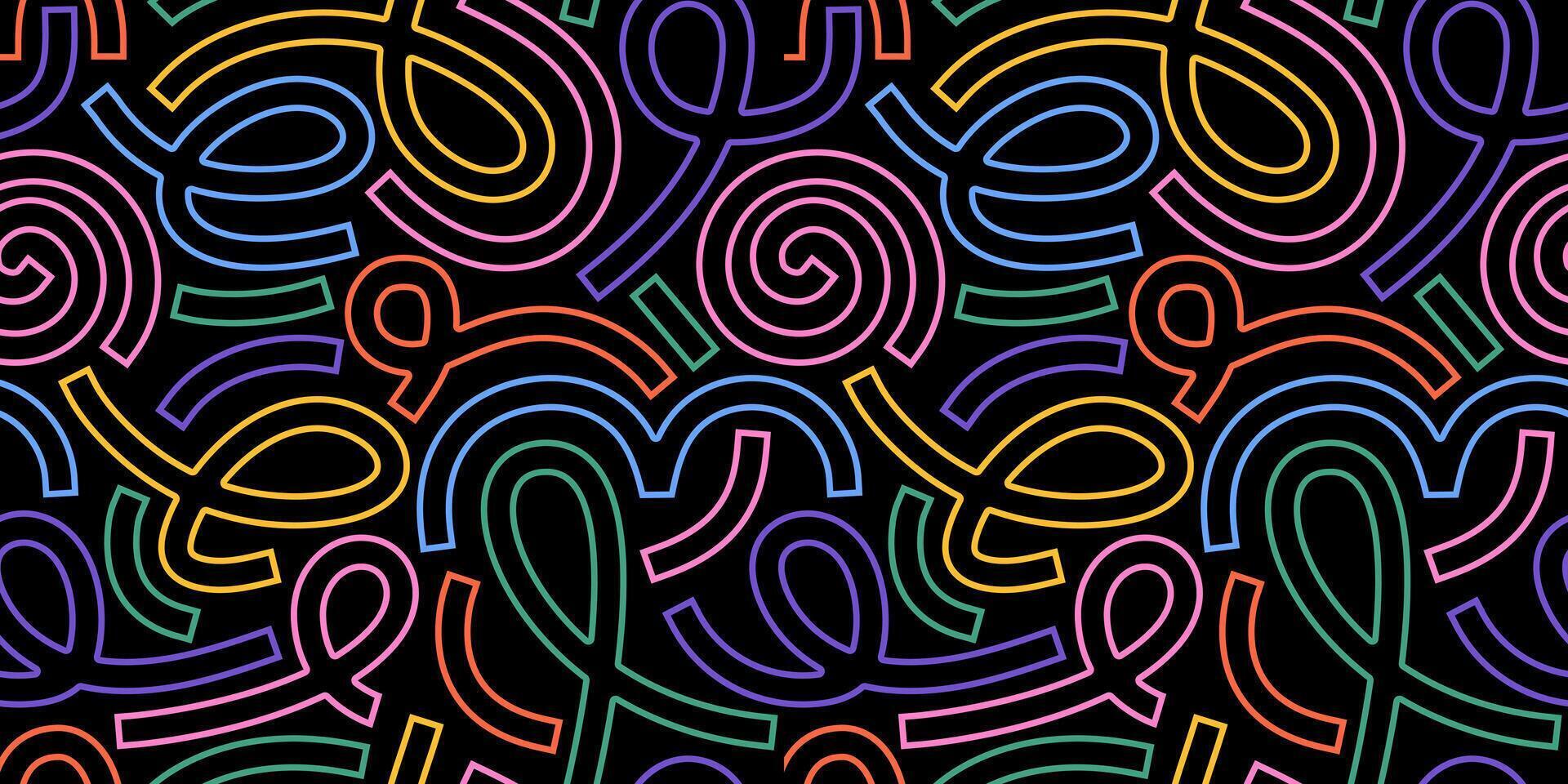 Abstract seamless memphis pattern features vibrant neon line doodles on a black background, creating a playful and dynamic design. Perfect for modern wallpapers, and creative projects. vector