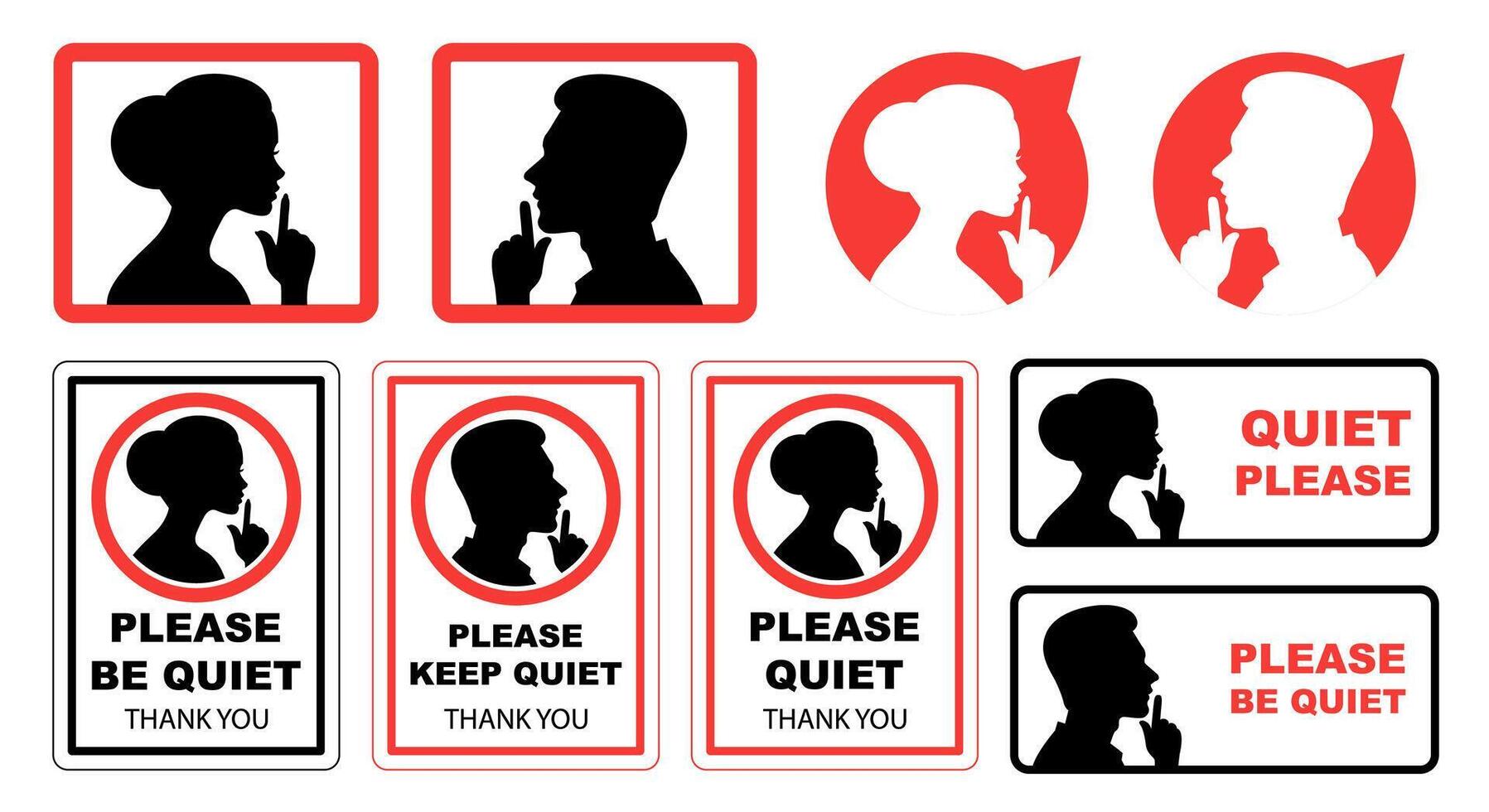 Quiet Please Sign Collection. Labels and icons with Silhouettes vector