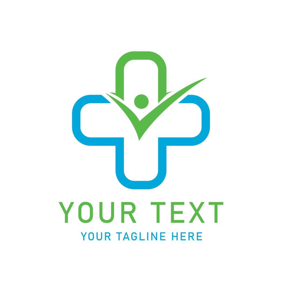 Medical Check Mark Plus Graphic, Green Blue Human Tick Symbol for Healthcare Approval Wellness Clinic Pharmacy vector
