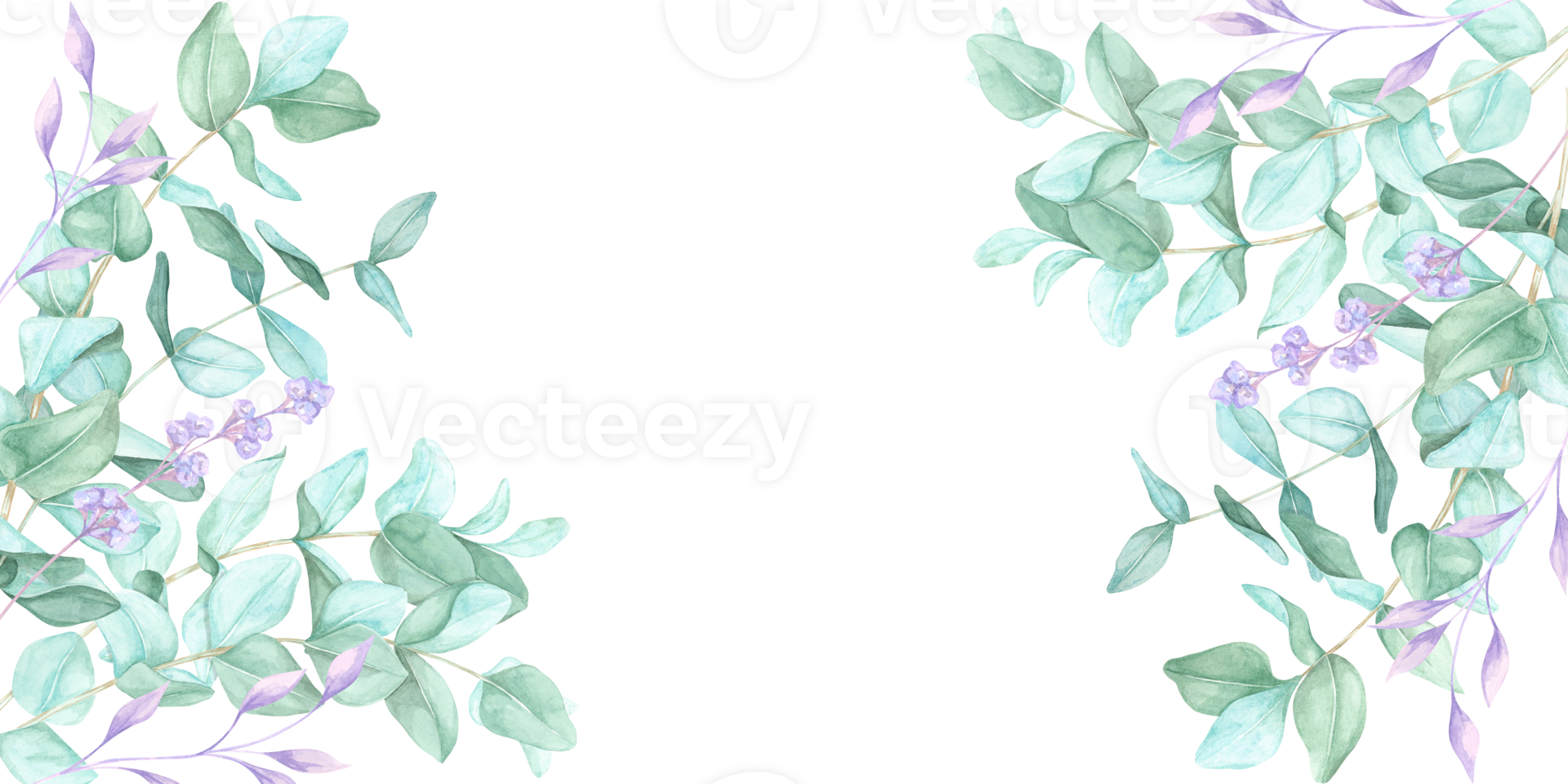 Hand-painted eucalyptus branches with hints of purple form a stylish watercolor clipart frame. Use this banner for social media posts, website decor, invitations, and eco-friendly merchandise png