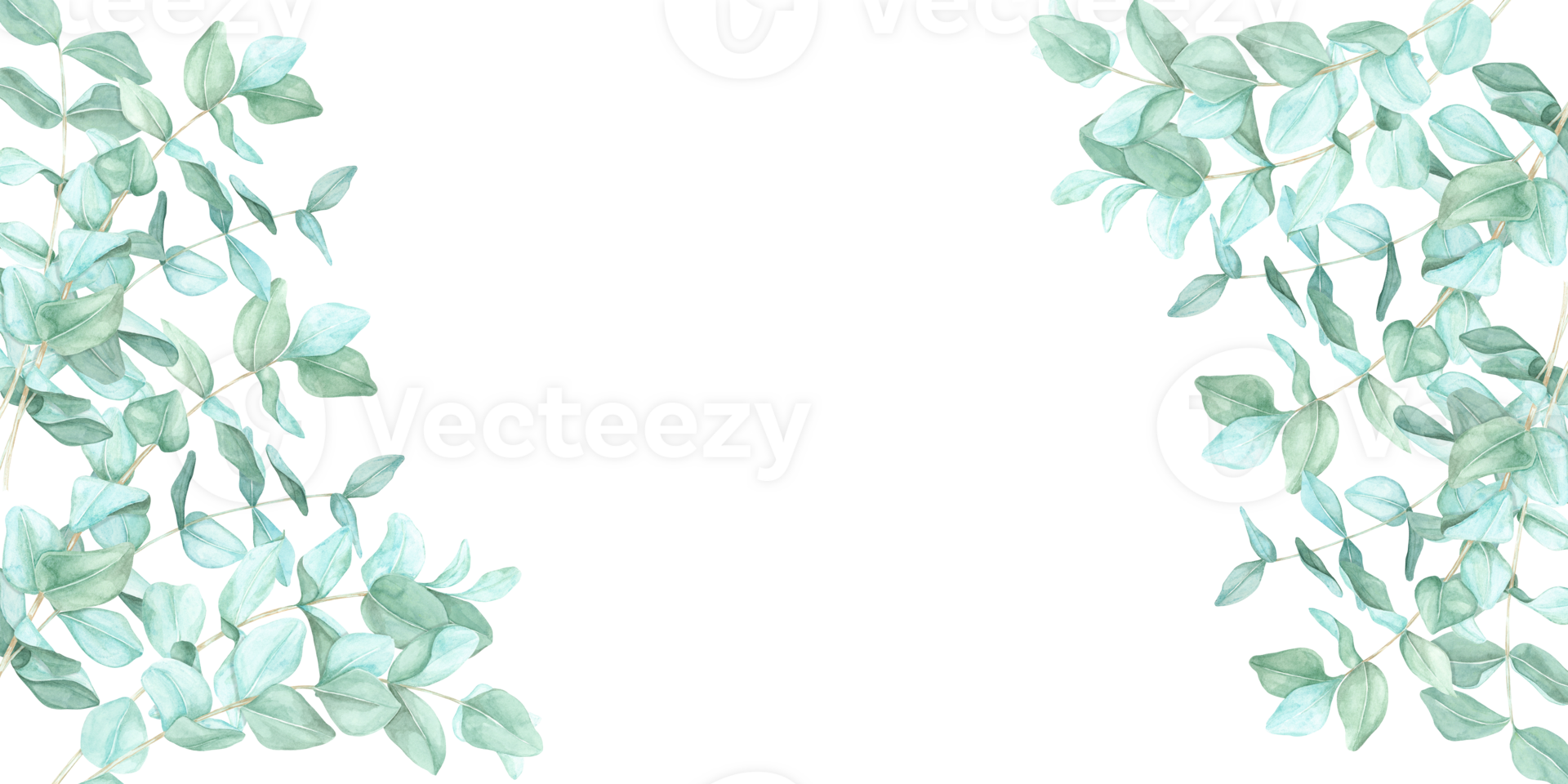 Eucalyptus branches in green shades form a delicate watercolor clipart frame. This botanical banner is ideal for invitations, branding, packaging, greeting cards, and nature-inspired digital designs png