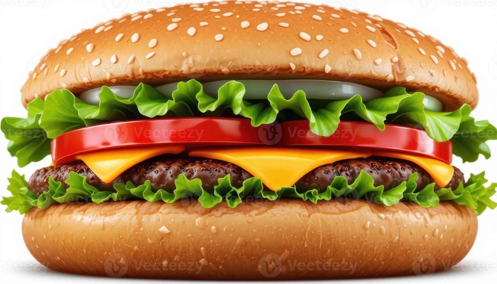 Delicious hamburger with sesame bun. There are many layers visible inside, fresh lettuce, red onion mugs, juicy cutlet, melted cheese and tomatoes.isolated on a white background photo