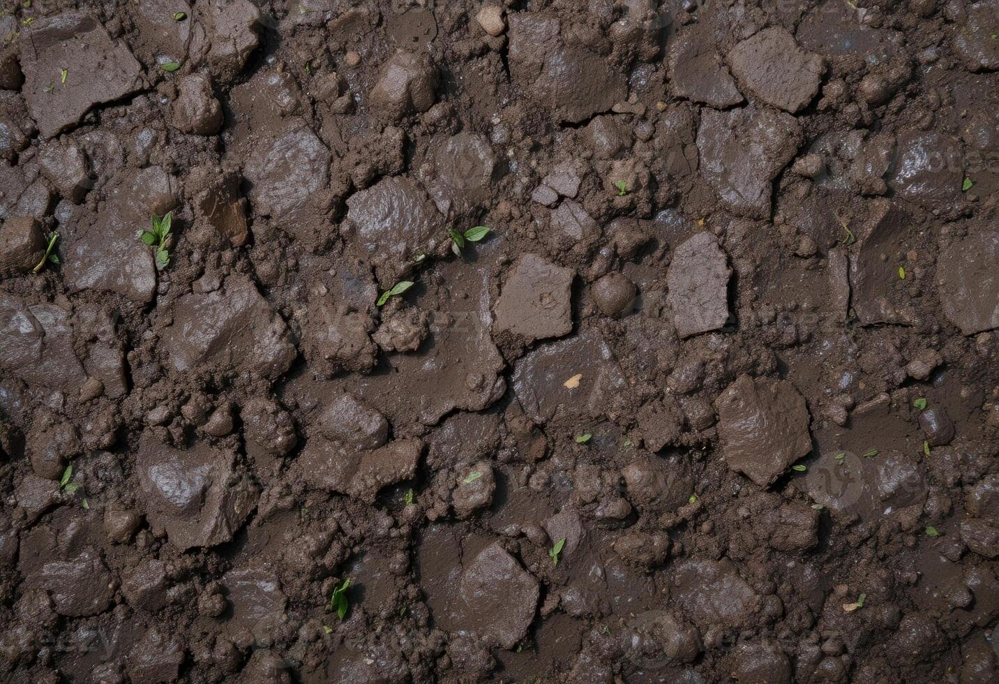 close up shows moist soil with small stones and small plants.The earthen background. photo