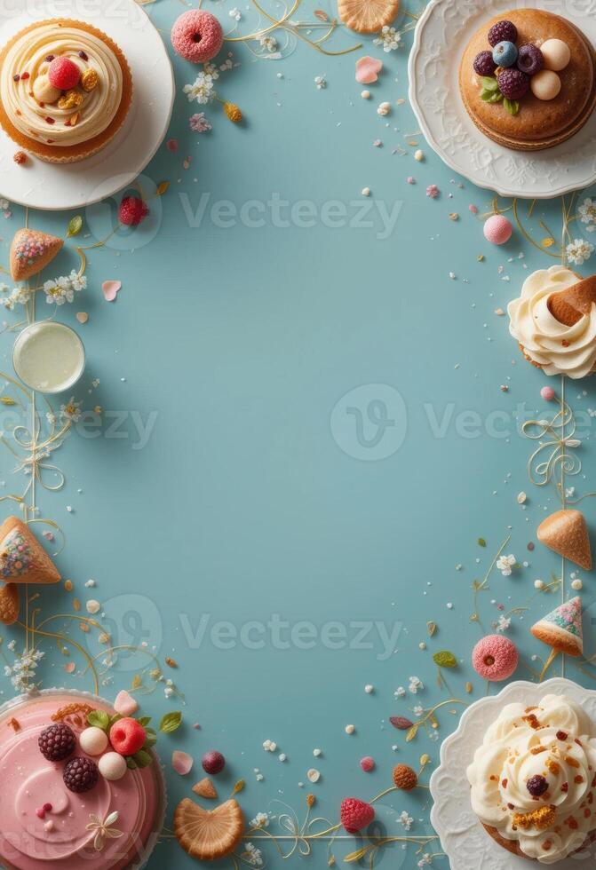 flat layout of variety of desserts, including cream and fruit tartlets, cupcakes and cookies, creates an appetizing look.place for text,menu photo