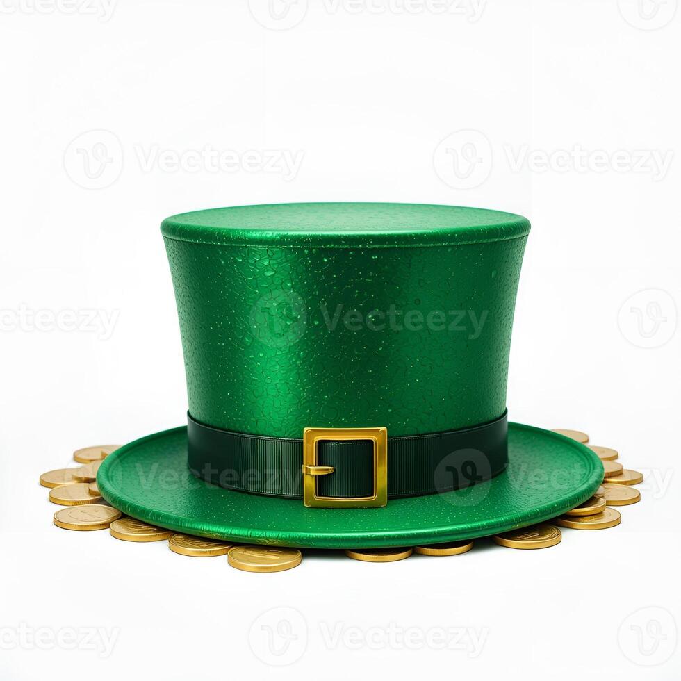 green leprechaun hat nestled on shiny pile of gold coins. On a white background photo