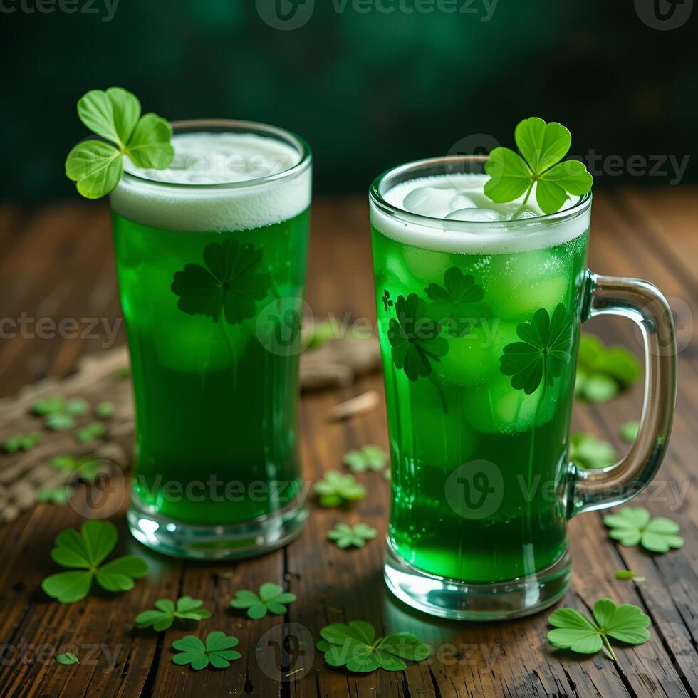 Beer mugs, glasses, glasses with green drink and white foam, decorated with clover leaves. They are standing on a wooden table, leaves are scattered around. A festive atmosphere photo