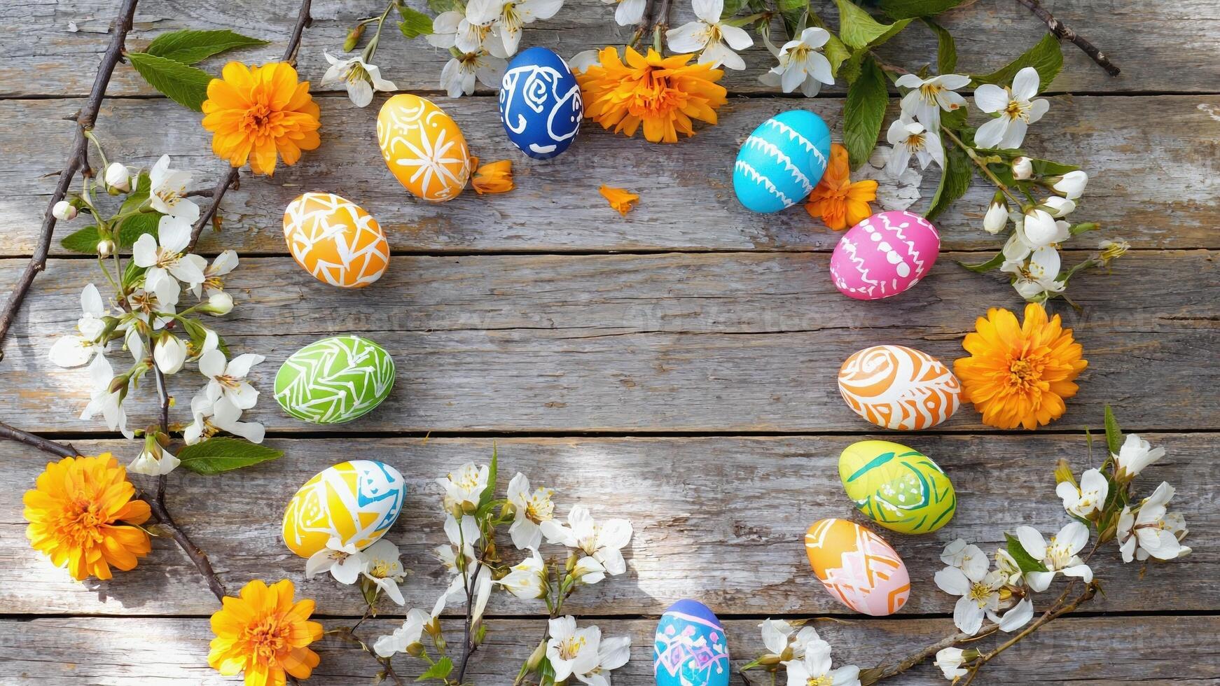 Colorful eggs and flowering branches are arranged on the wooden surface, creating an Easter holiday atmosphere. Bright colors and unique patterns emphasize the spring mood. photo