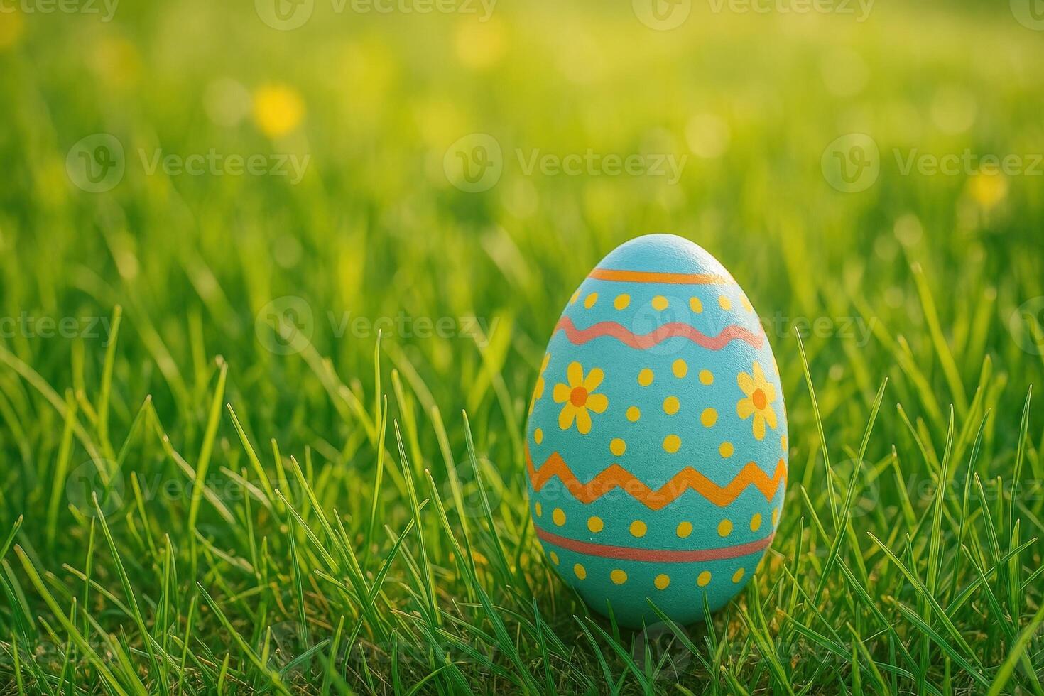 A blue Easter egg with bright patterns lies in the fresh green grass, symbolizing the joy of spring and the festive atmosphere. photo