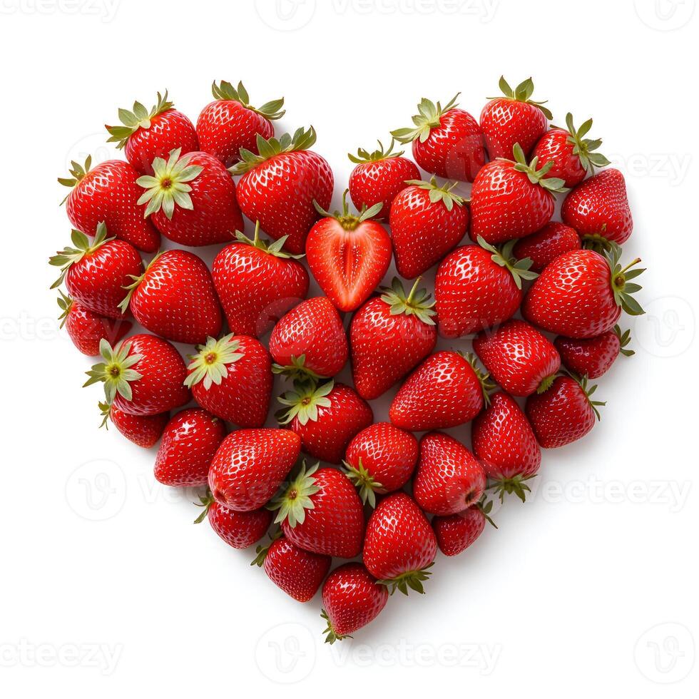 heart made up of fresh strawberries. One of the berries is cut in half, its juicy internal structure is visible. The bright red color contrasts with the green ponytails, creating an appetizing look. photo
