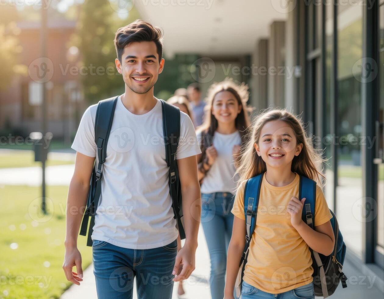group of schoolchildren walking along the sidewalk next to the building. They smile, carry backpacks, and look happy, like they're coming home from school or going to school. photo