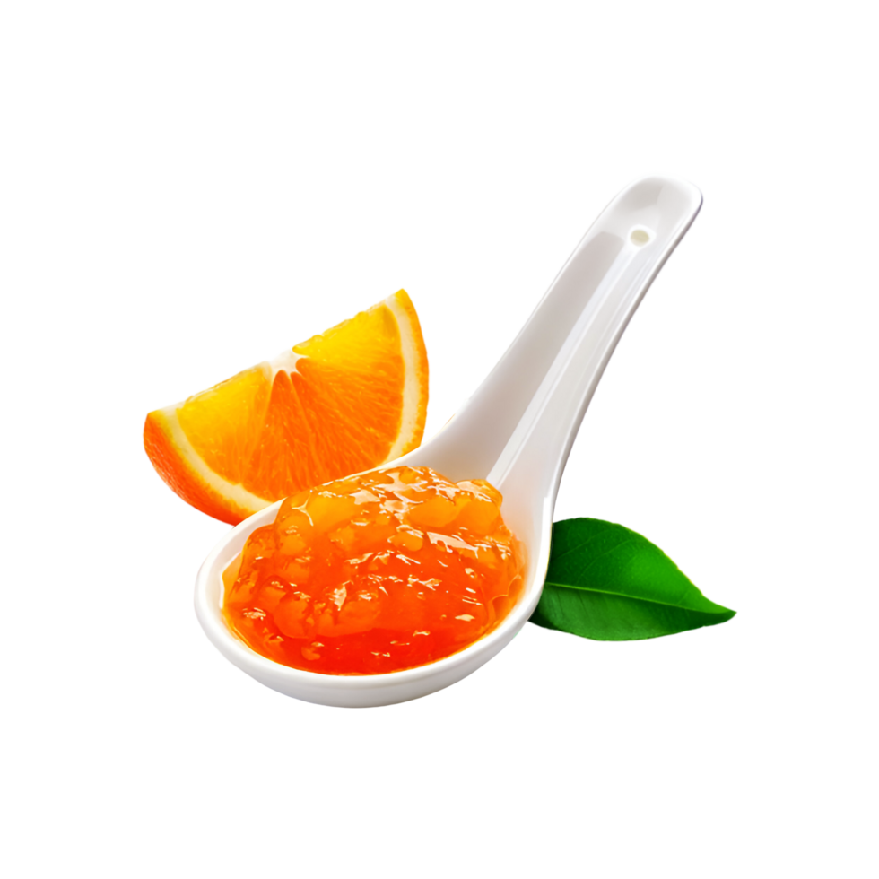 White spoon of orange fruit jam with slice and leaf on transparent background png