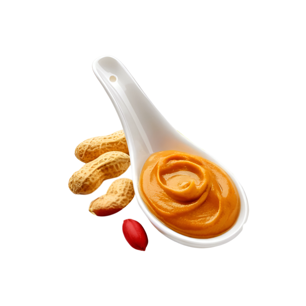 White ceramic spoon of peanut butter on transparent background png