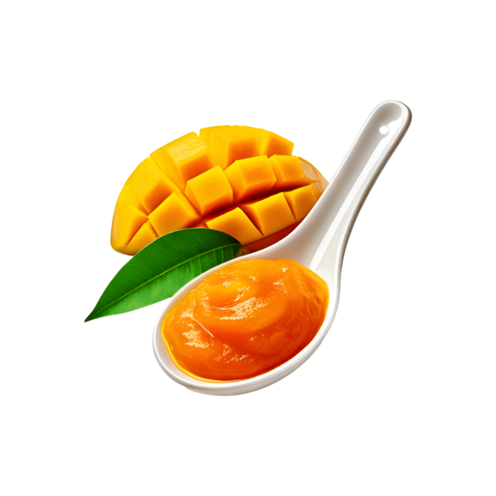 Mango jam with ripe mango fruit slice on transparent background png