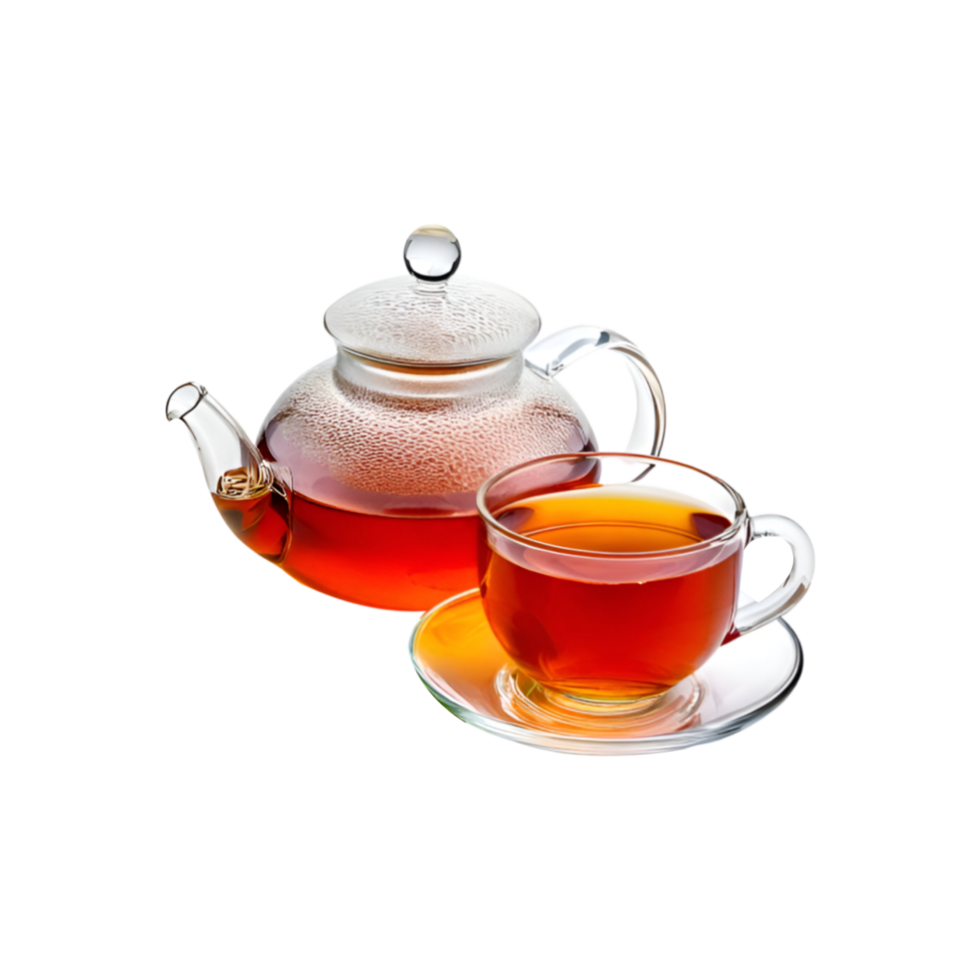 Glass teapot with tea cup on transparent background png