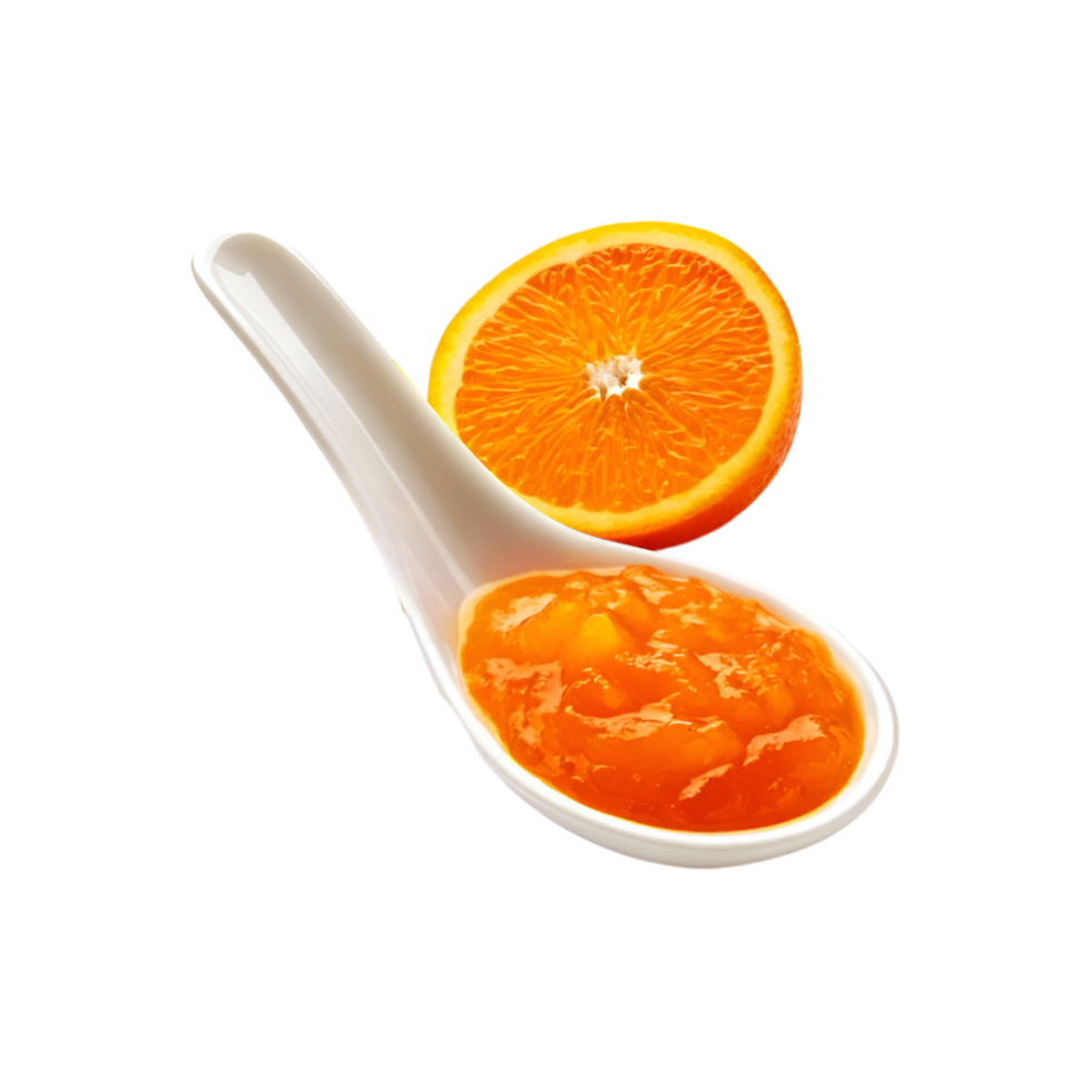Spoon of orange fruit jam with slice on transparent background png