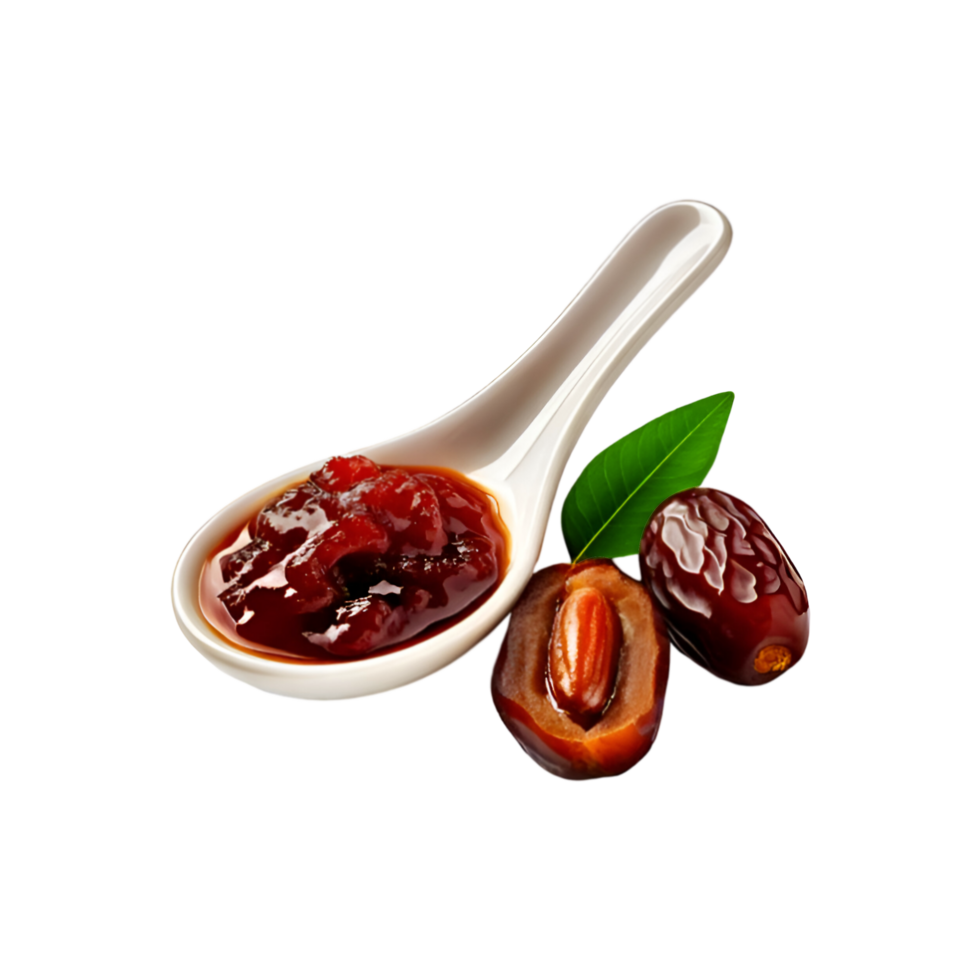 White ceramic spoon of dates fruit jam on transparent background png