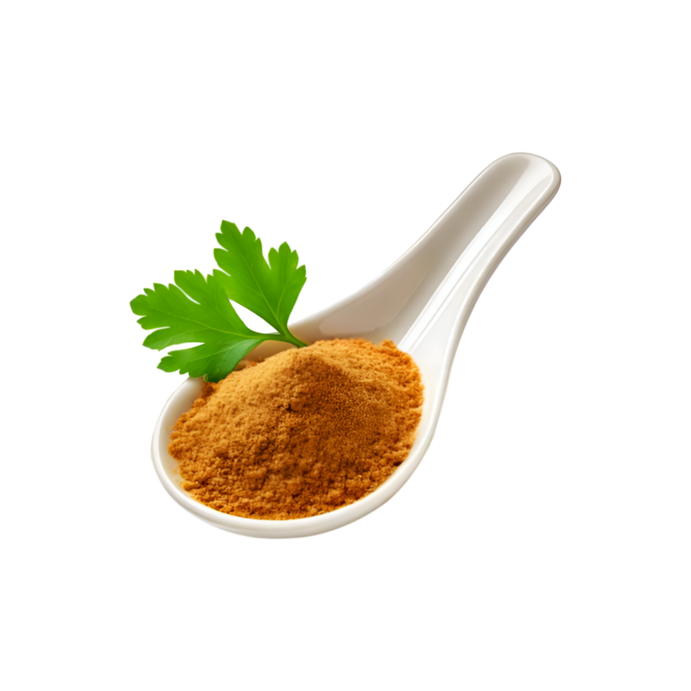 White spoon of coriander powder with leaf on transparent background png