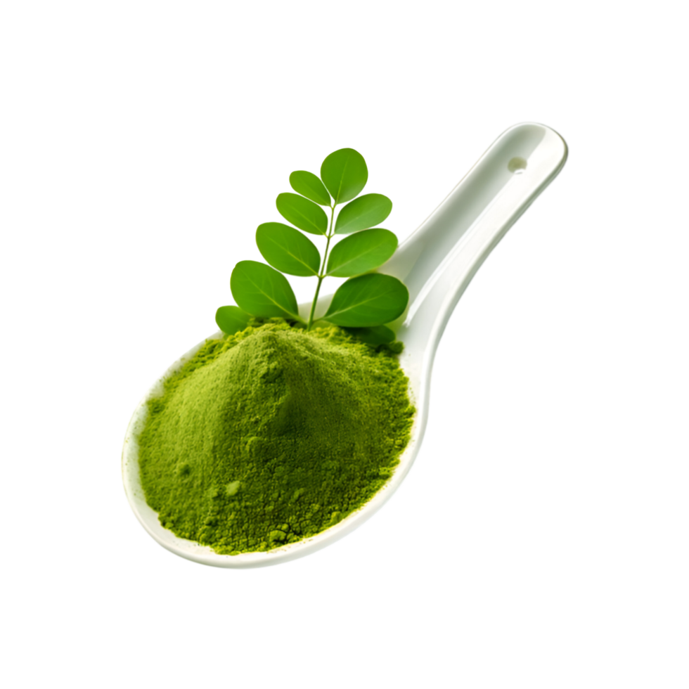 White ceramic spoon of moringa powder with leaf on transparent background png