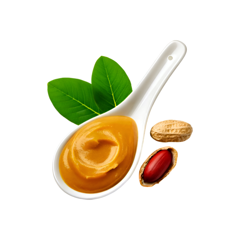 White ceramic spoon of peanut butter with slice on transparent background png
