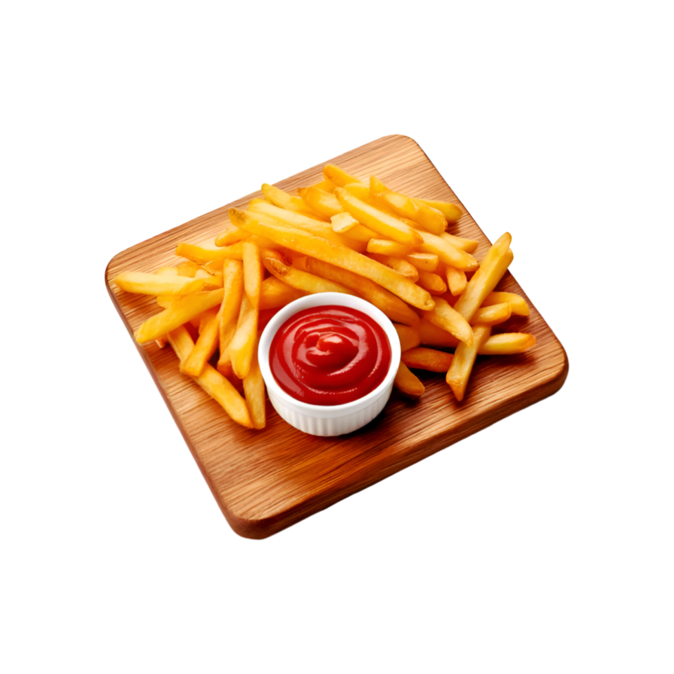 Wooden board of french fry and tomato ketchup on transparent background png