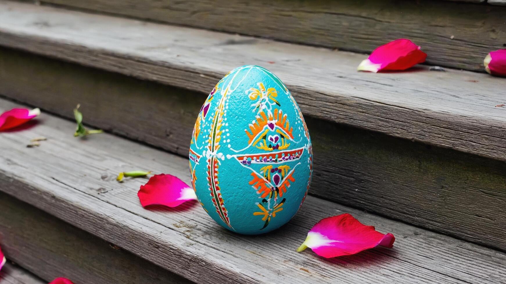 A turquoise painted Easter egg on wooden steps surrounded by pink petals symbolizes spring renewal and the joy of the holiday. photo