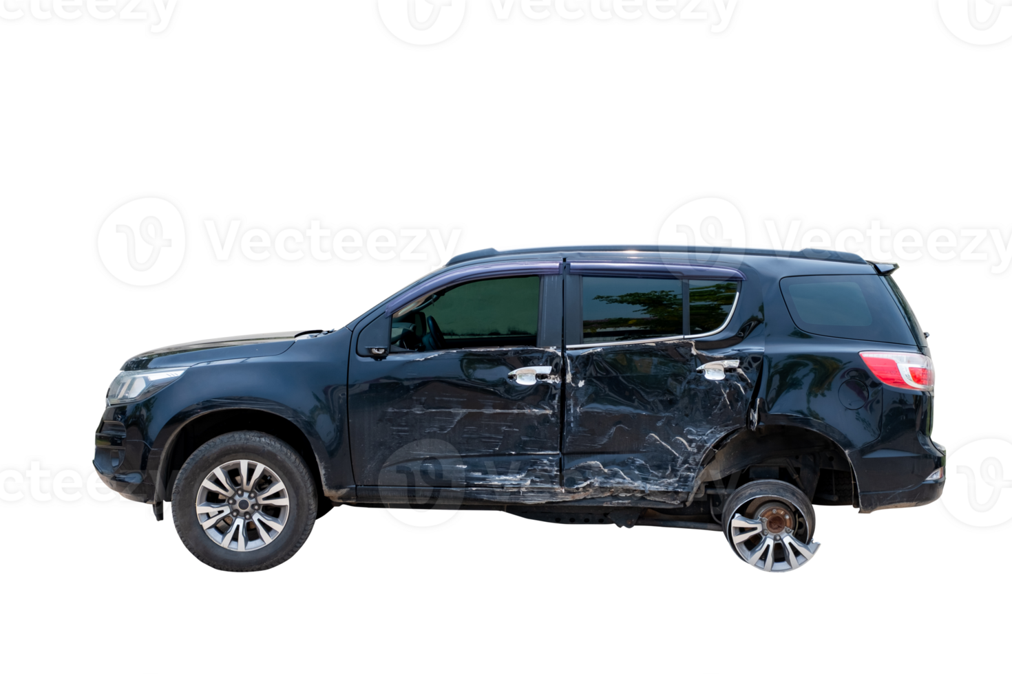 Car crash, Side view of modern black sedan car get damaged by accident on the road. damaged cars after collision. isolated on transparent background, File png