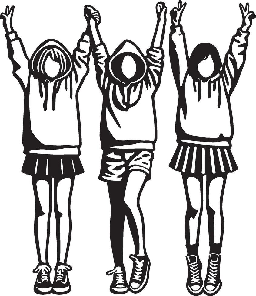 Three Girl Friends Sketch Illustration. vector