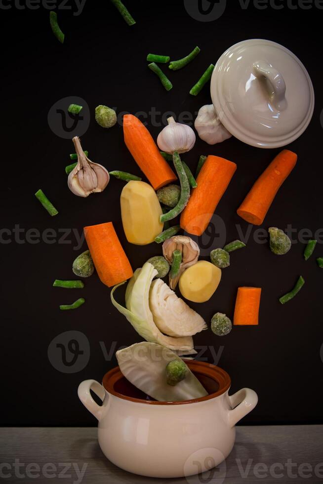 Set of vegetables for soup.Vegetables in motion before cooking in soup photo