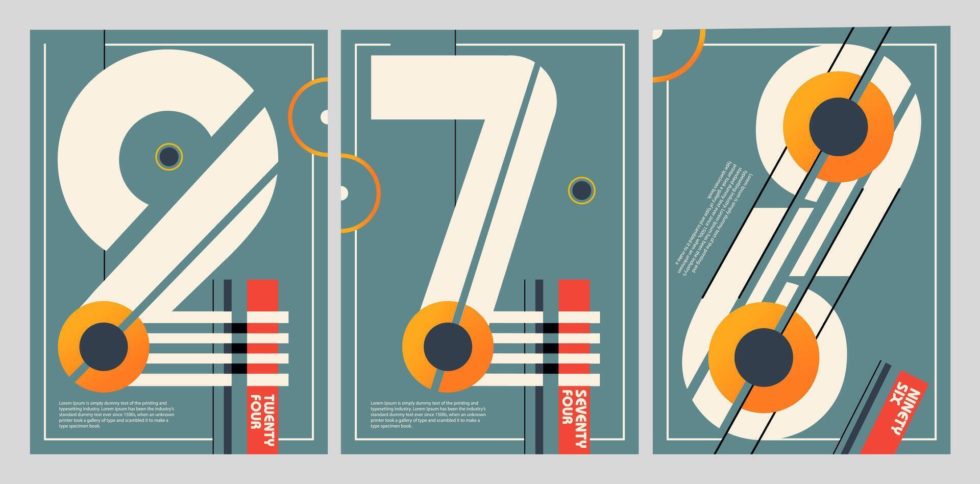 three posters with numbers and letters in different colors vector