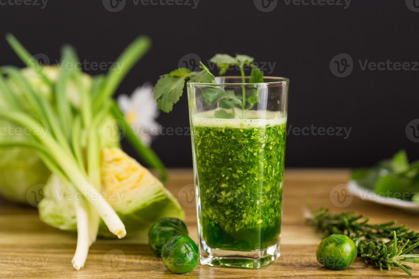 simple breakfast.Detox drink with cabbage, greens and superfoods photo