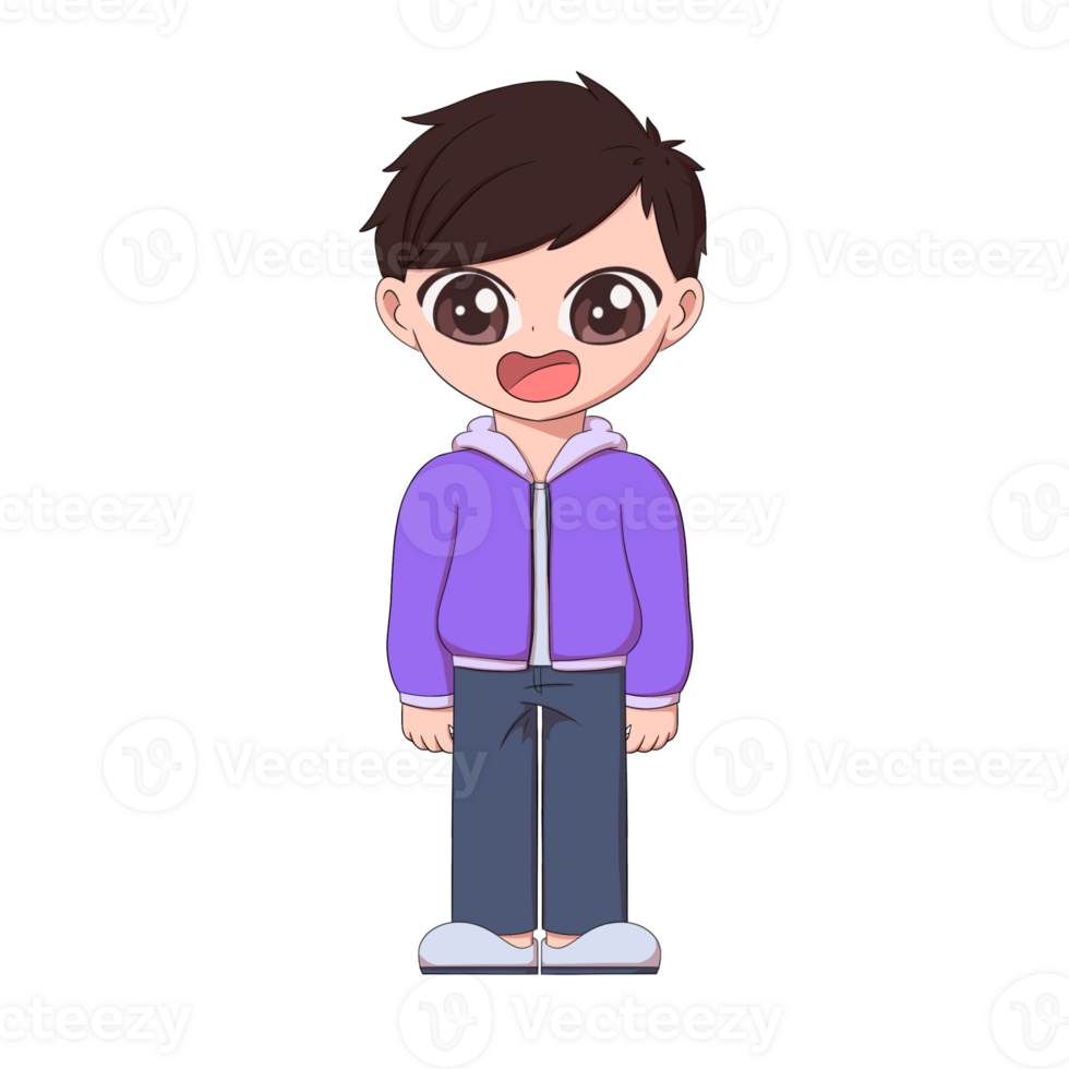 A cheerful chibi-style anime boy character with big expressive eyes, wearing a purple hoodie and jeans, standing with an excited and happy expression. png