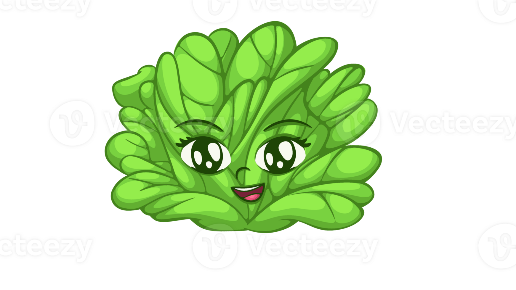 A bright and cheerful lettuce character illustration featuring large sparkling eyes, a friendly smile, and vibrant green leaves. png
