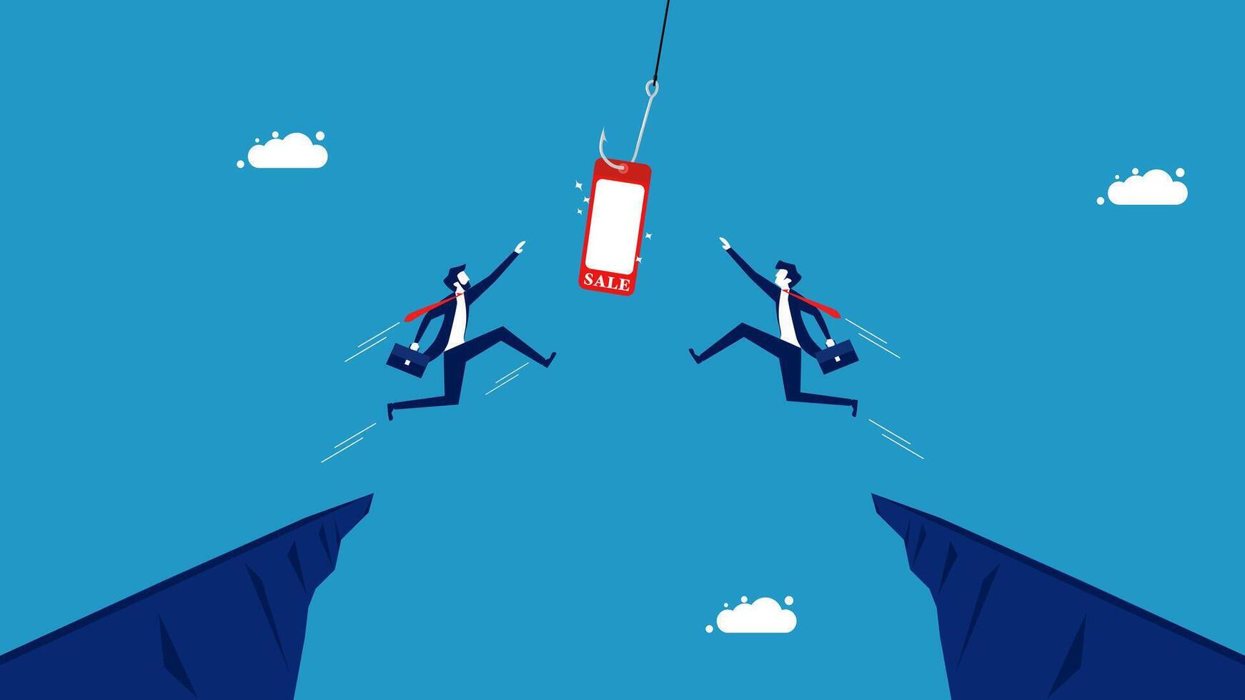 two businessmen are hanging from a cliff and one is holding a phone vector
