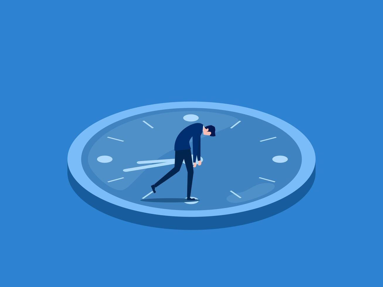 Time wasted, sad businessman walks against the clock hands vector