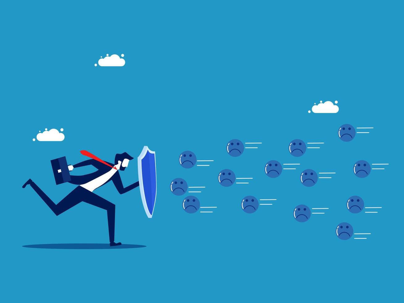 businessman running with shield and many small balls vector